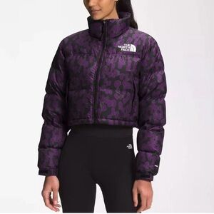 Womens The North Face Printed Nuptse Short Crop 700-Down Jacket - Purple Leopard